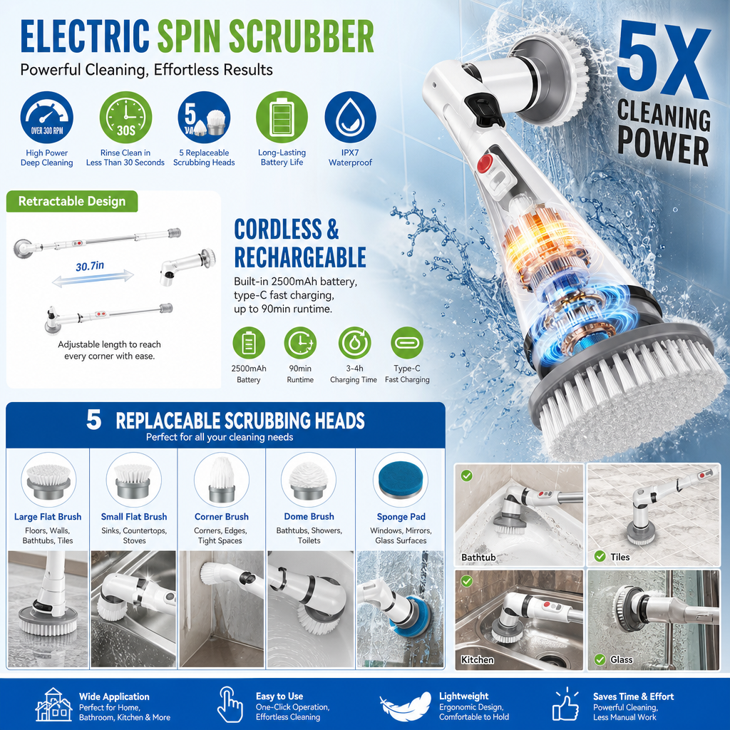 Advanced Cordless Spin Scrubber with Extension Arm